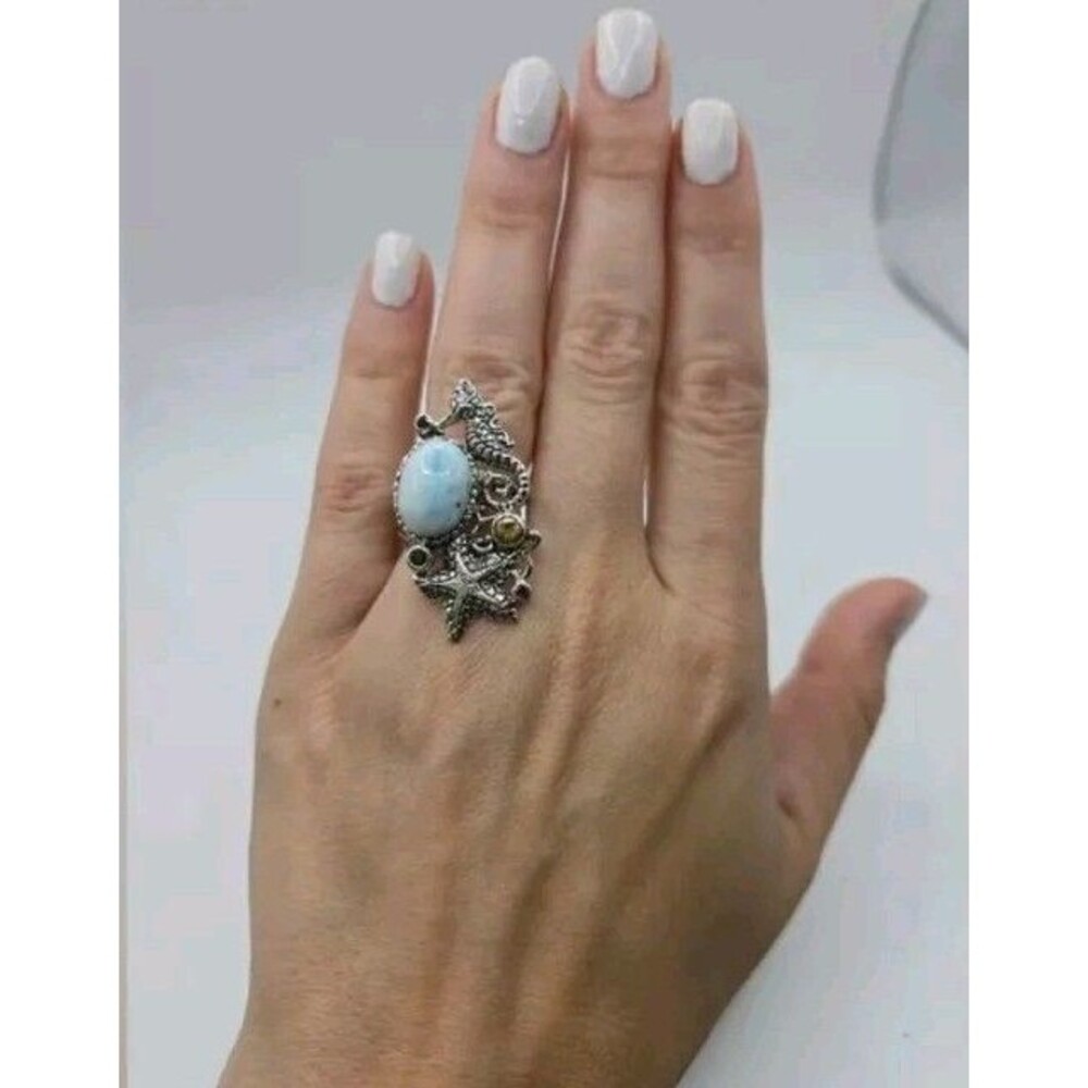 Bali Legacy Larimar and Multi Gemstone Seahorse and Starfish Ring in 925